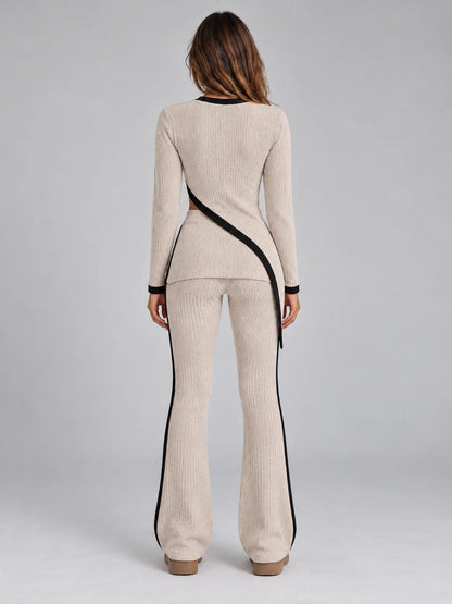 Co-Ord Set Women - Asymmetric Ribbed Knit Wide Leg