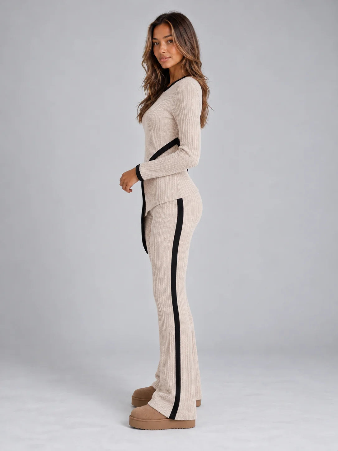 Co-Ord Set Women - Asymmetric Ribbed Knit Wide Leg