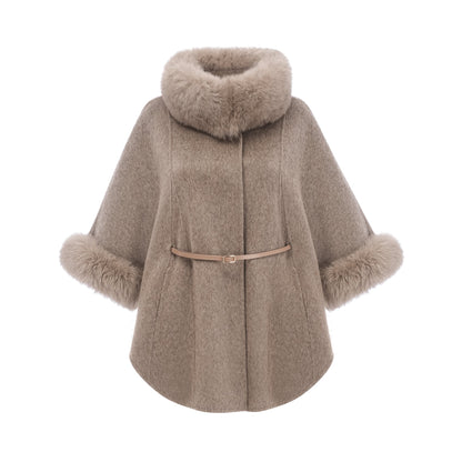 Coat Women - Cape Coat with Faux Fur Collar and Cuffs
