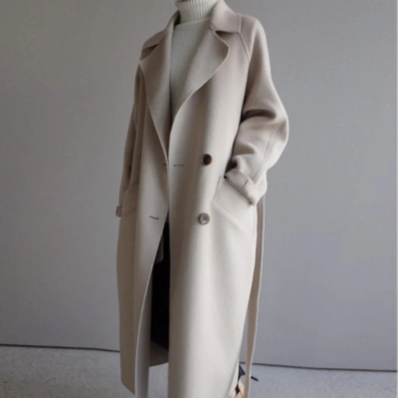 Coat Women - Double-Breasted Longline with Wide Lapels