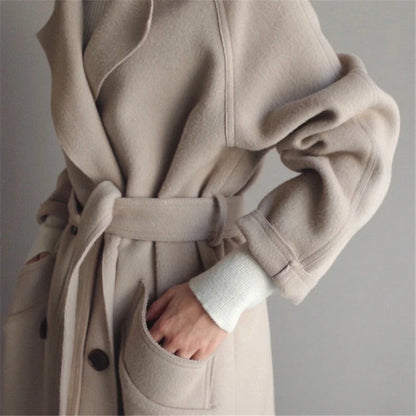 Coat Women - Double-Breasted Longline with Wide Lapels