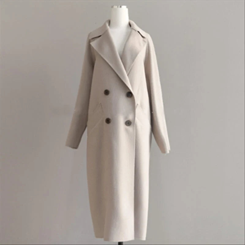 Coat Women - Double-Breasted Longline with Wide Lapels