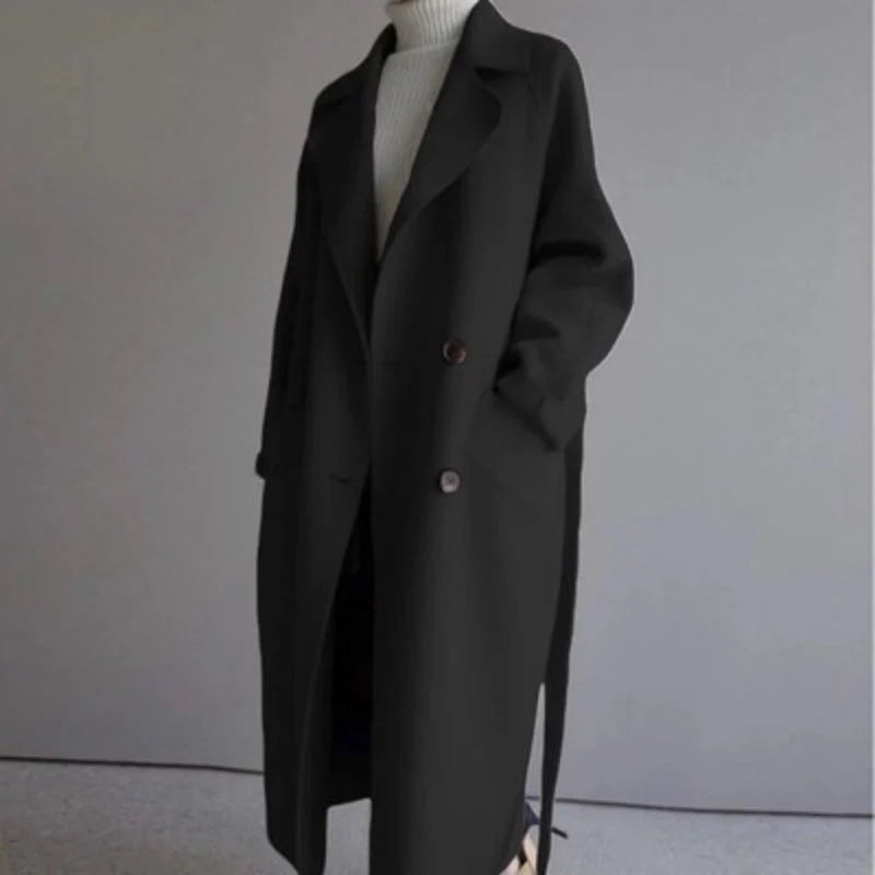 Coat Women - Double-Breasted Longline with Wide Lapels