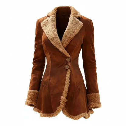 Coat Women - Fitted Faux Suede with Shearling Trim