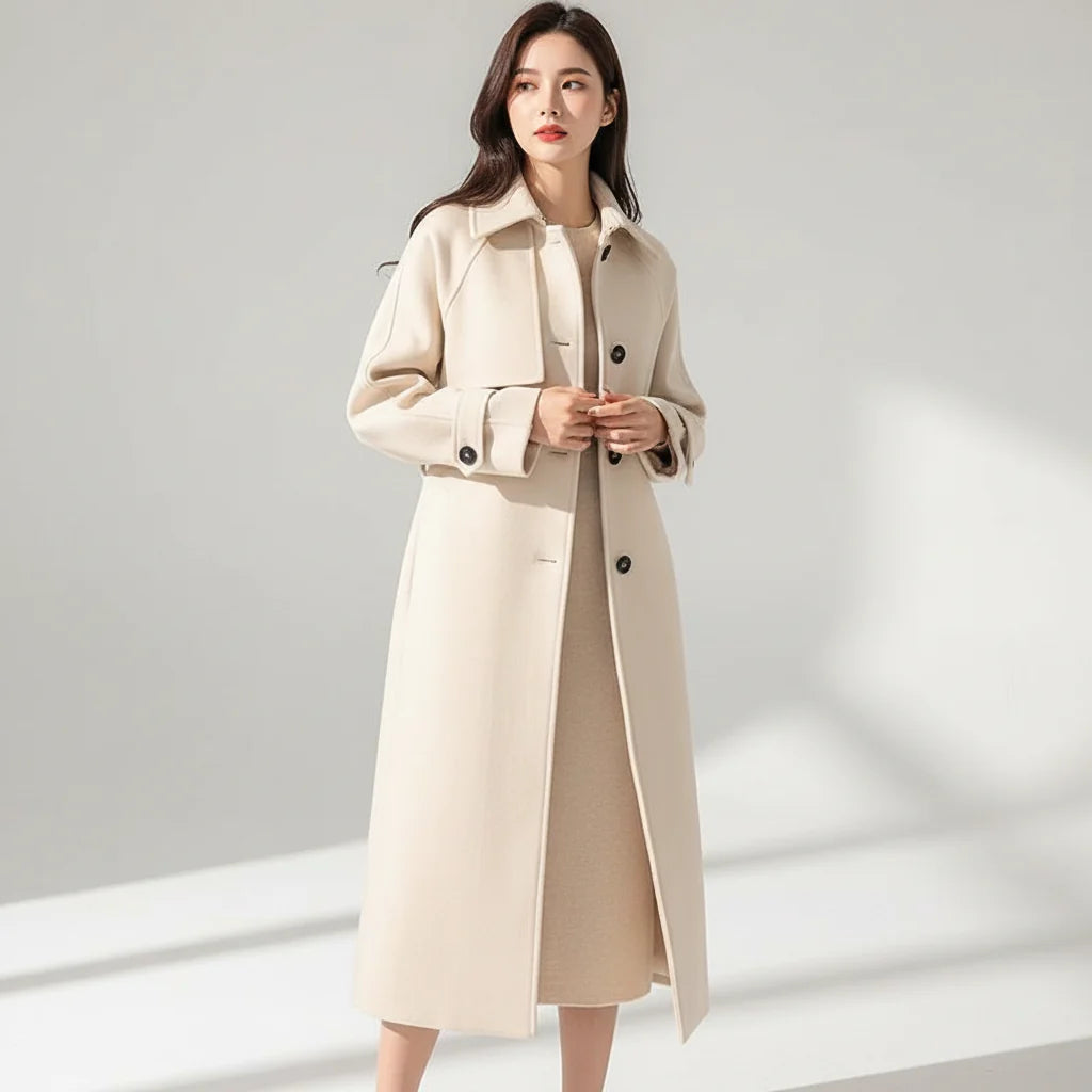Coat Women - Fitted Long Coat with Button Front