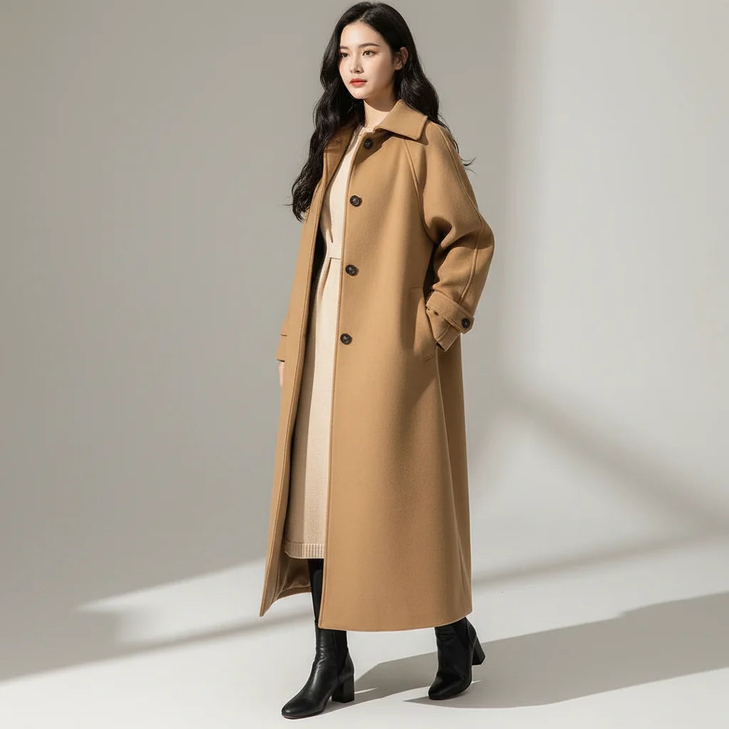 Coat Women - Fitted Long Coat with Button Front