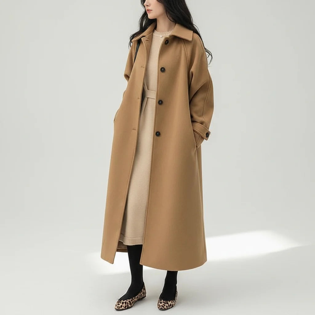 Coat Women - Fitted Long Coat with Button Front