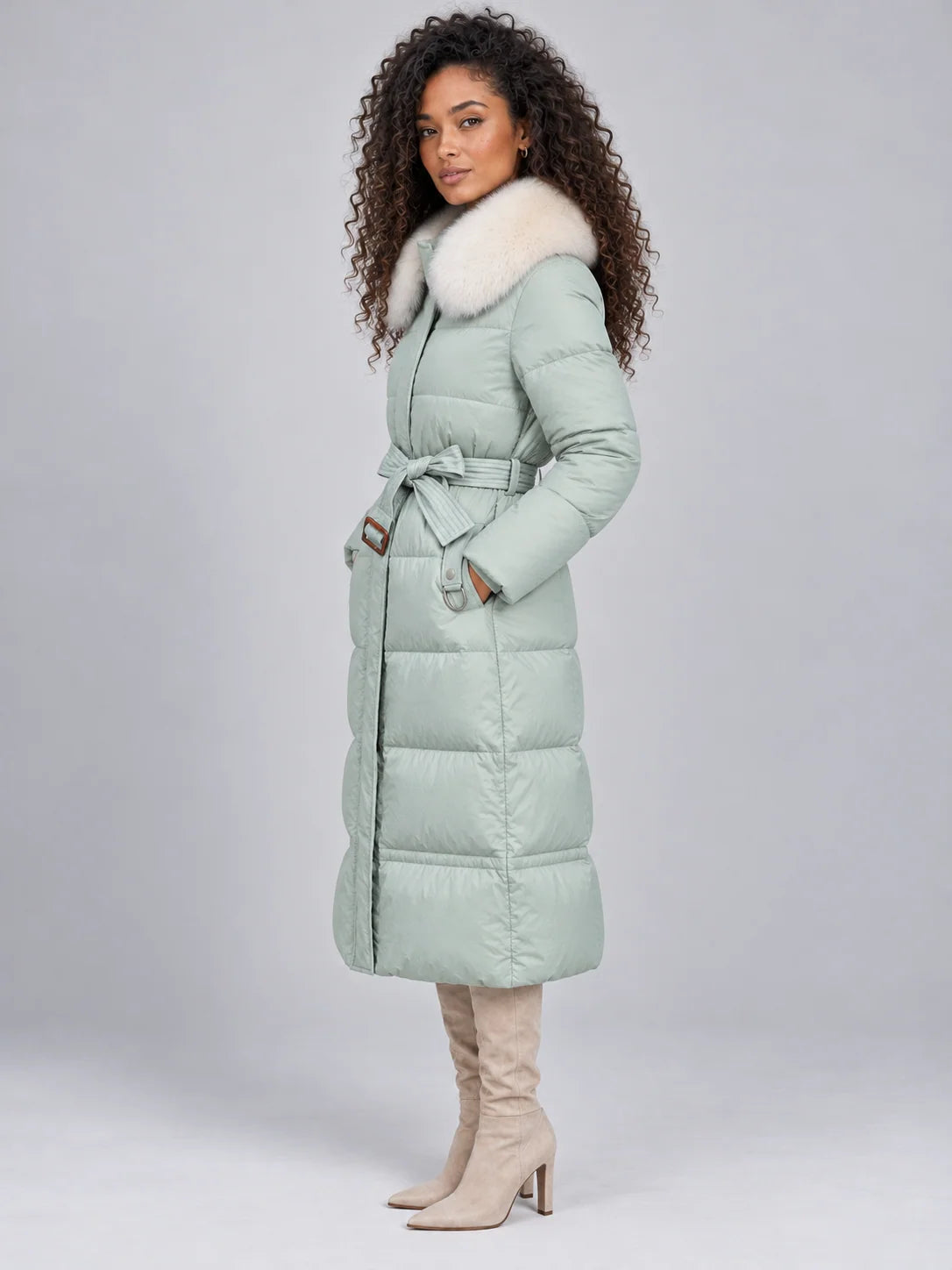 Coat Women - Hooded Puffer Coat with Faux Fur Collar