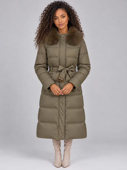 Coat Women - Hooded Puffer Coat with Faux Fur Collar