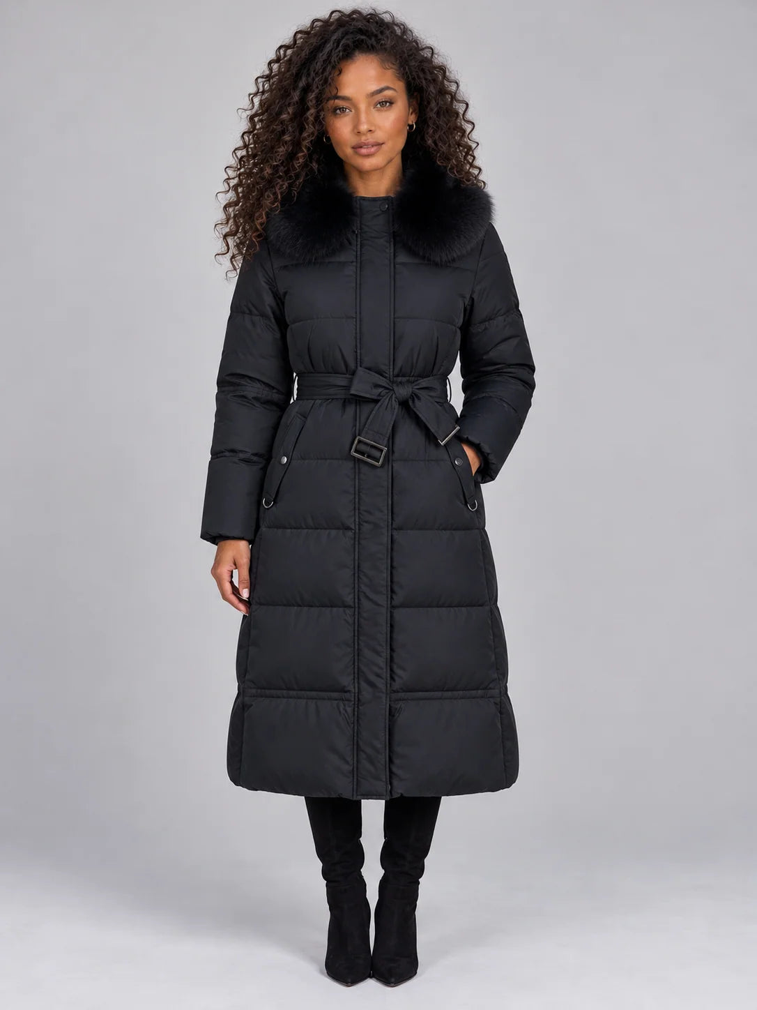 Coat Women - Hooded Puffer Coat with Faux Fur Collar