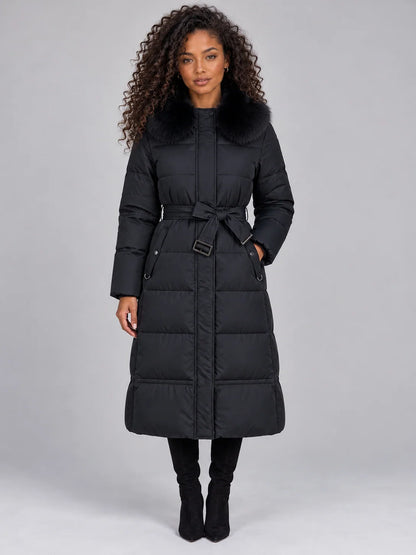 Coat Women - Hooded Puffer Coat with Faux Fur Collar