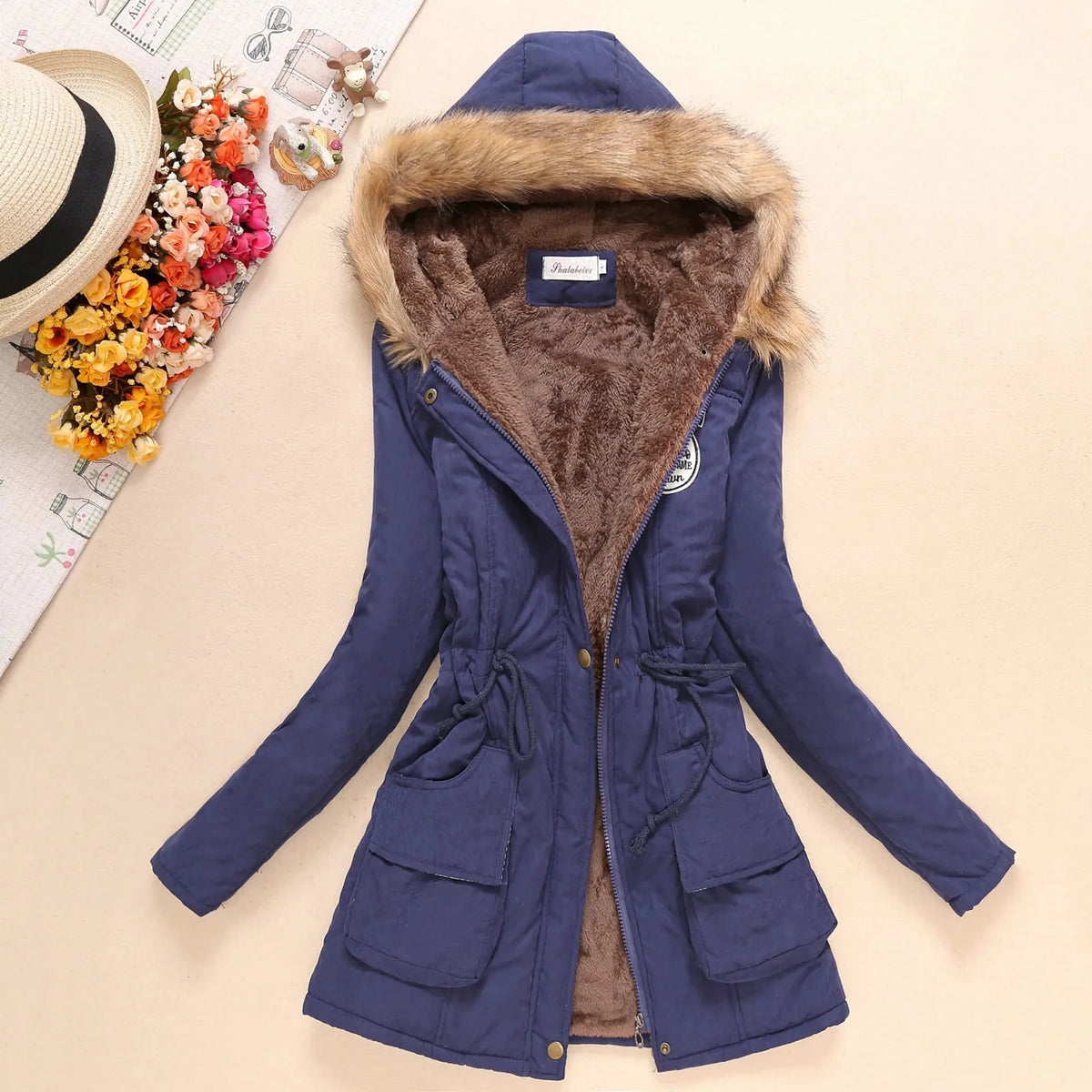 Coat Women - Hooded with Fleece Lining and Faux Fur Trim