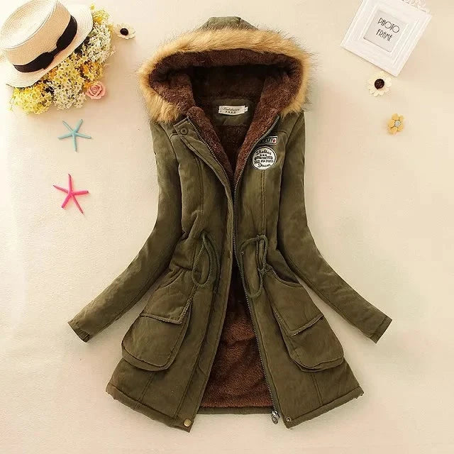 Coat Women - Hooded with Fleece Lining and Faux Fur Trim