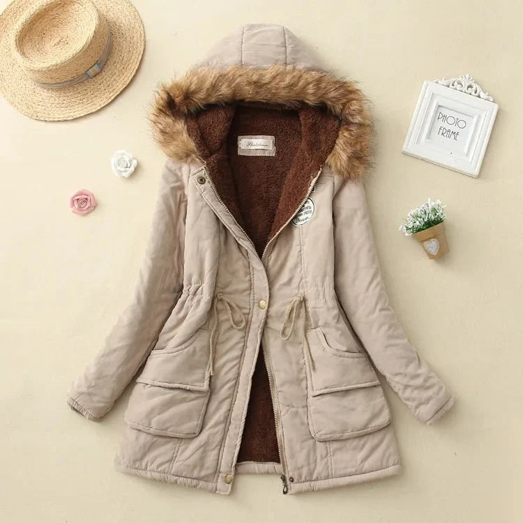 Coat Women - Hooded with Fleece Lining and Faux Fur Trim