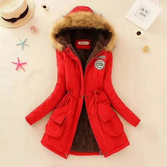 Coat Women - Hooded with Fleece Lining and Faux Fur Trim