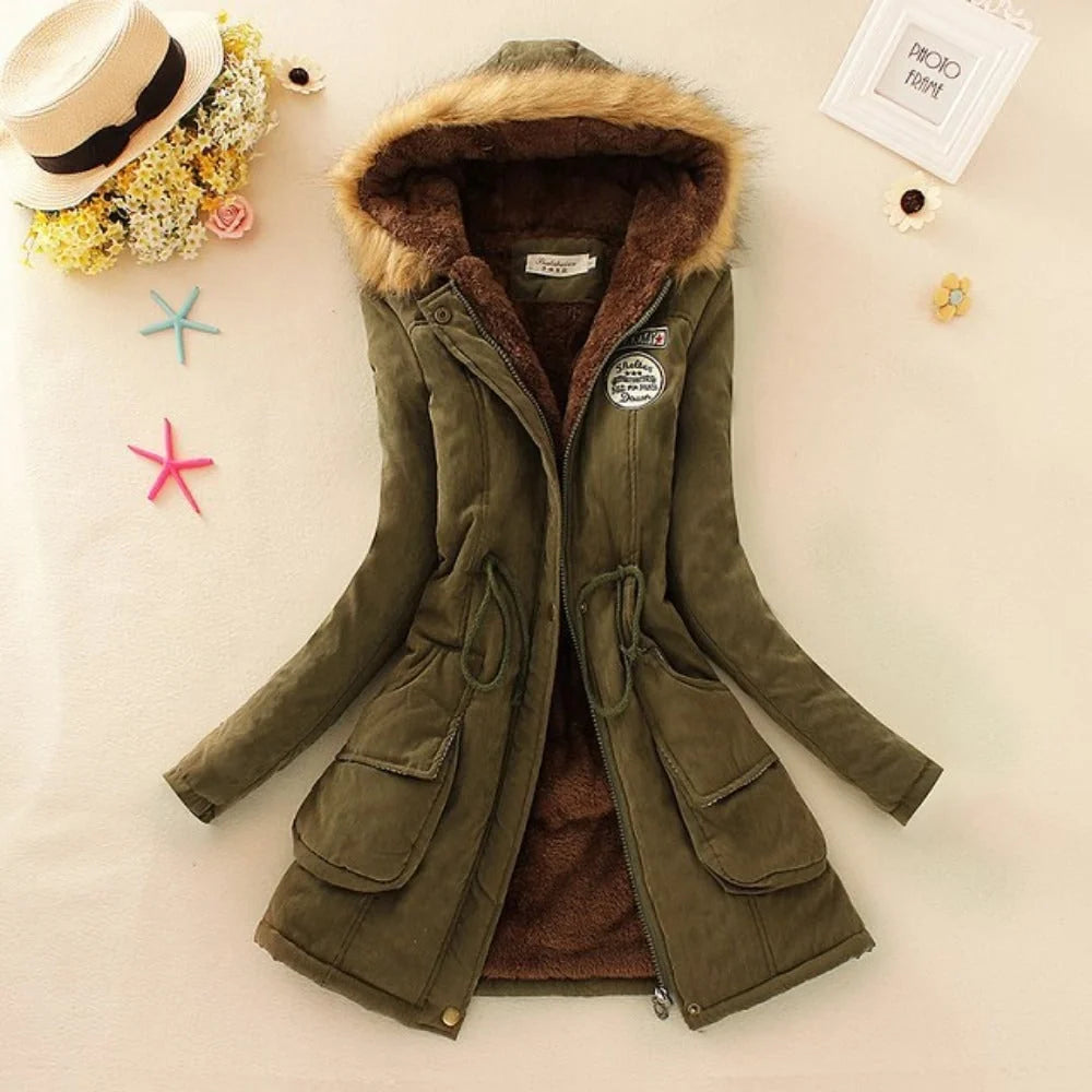 Coat Women - Hooded with Fleece Lining and Faux Fur Trim