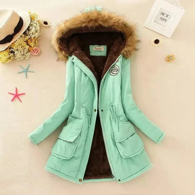 Coat Women - Hooded with Fleece Lining and Faux Fur Trim