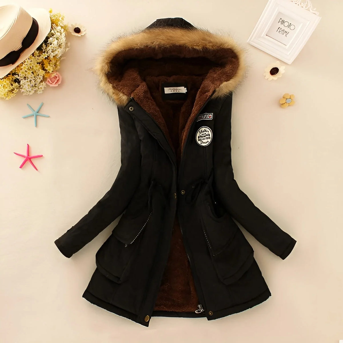 Coat Women - Hooded with Fleece Lining and Faux Fur Trim