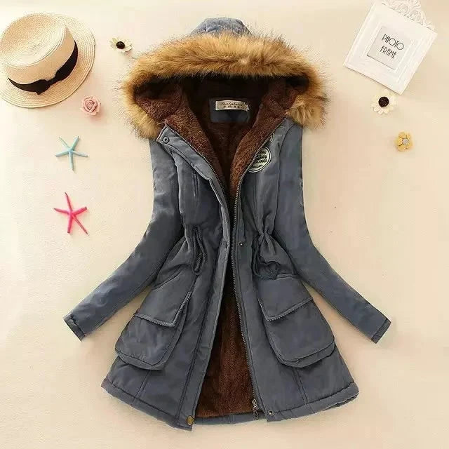 Coat Women - Hooded with Fleece Lining and Faux Fur Trim