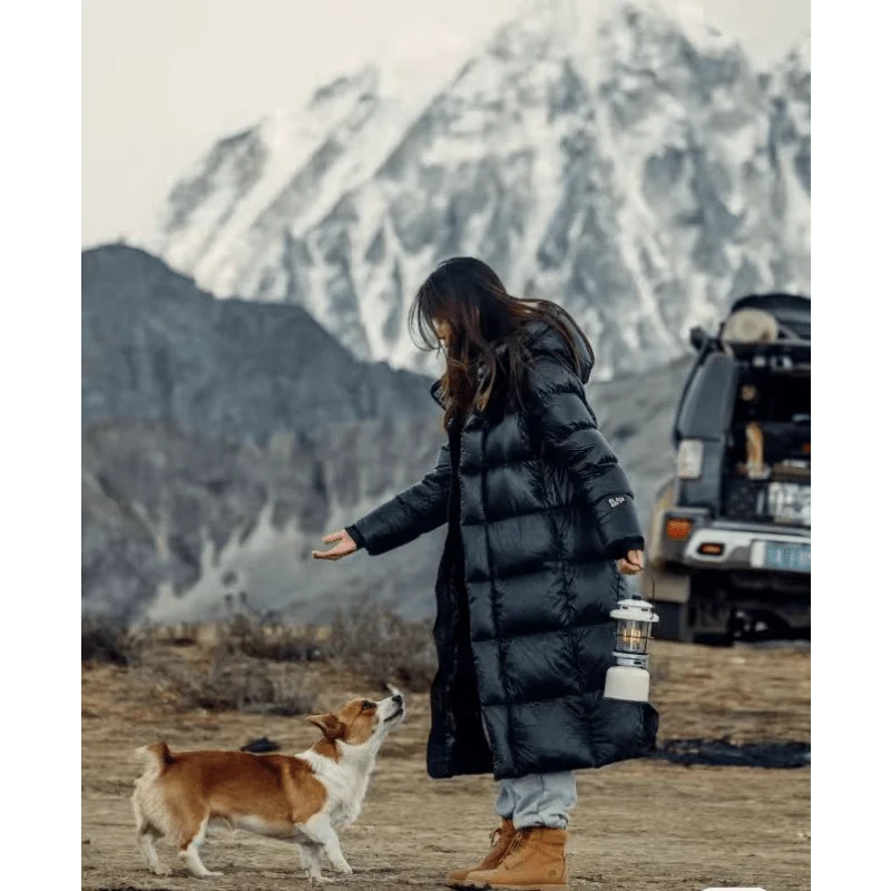 Coat Women - Long Black Puffer with Quilted Hood
