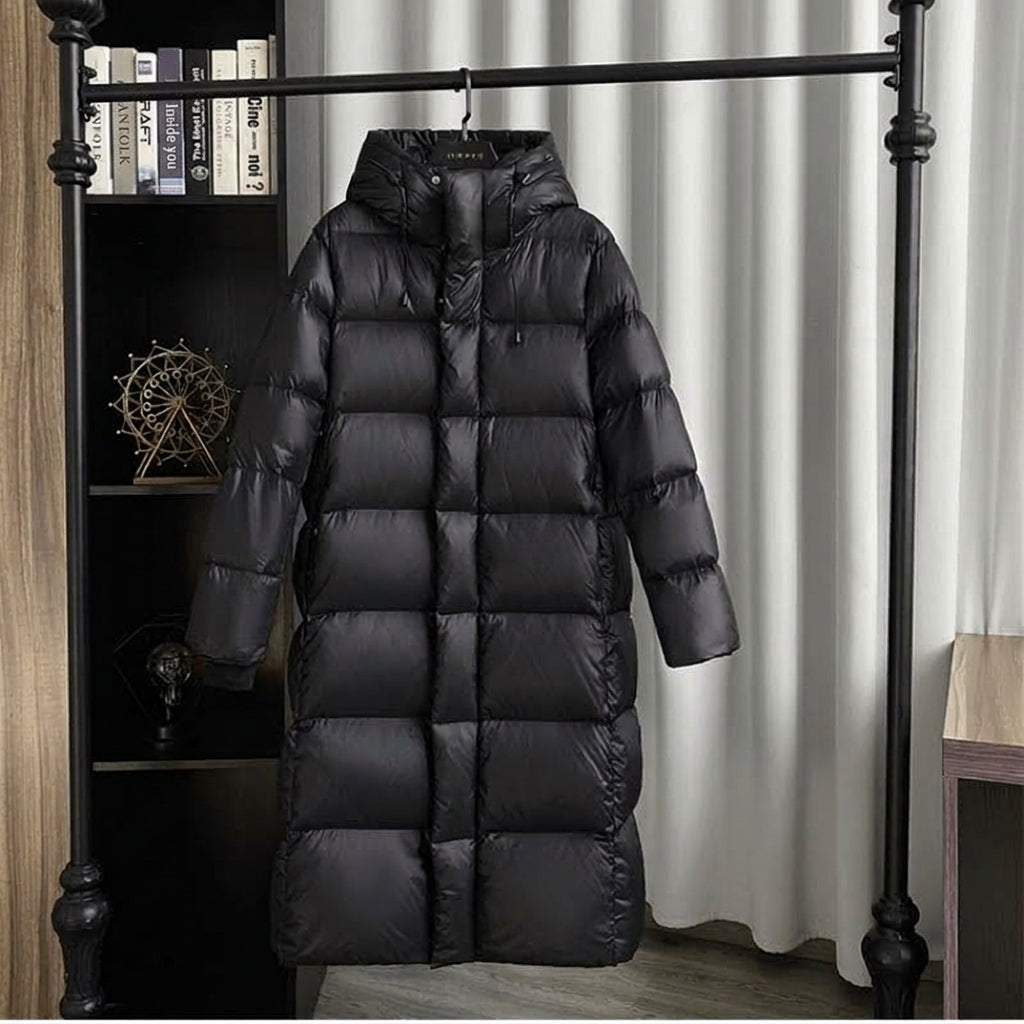 Coat Women - Long Black Puffer with Quilted Hood