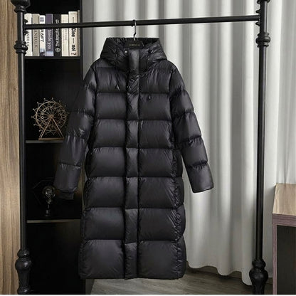 Coat Women - Long Black Puffer with Quilted Hood