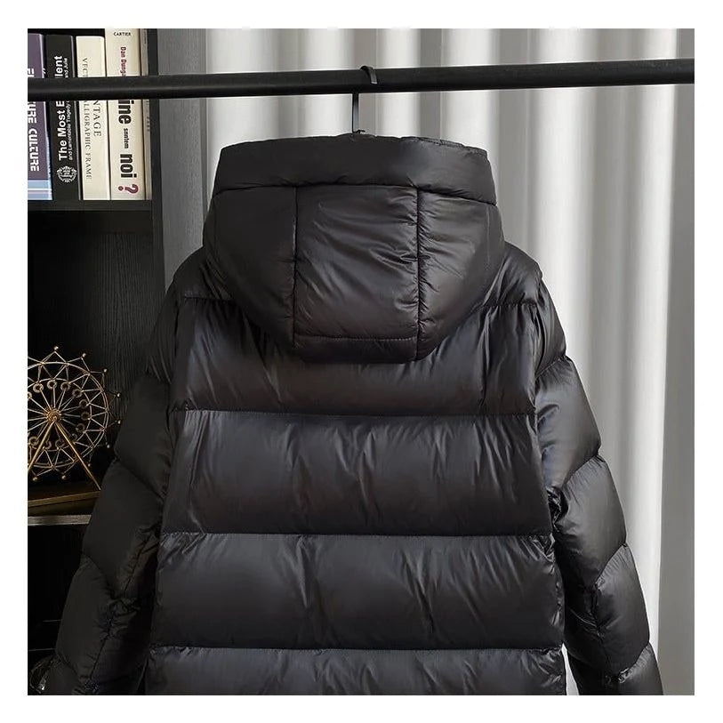 Coat Women - Long Black Puffer with Quilted Hood