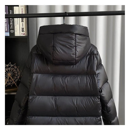 Coat Women - Long Black Puffer with Quilted Hood
