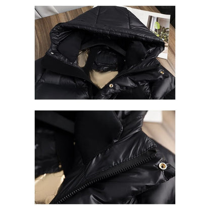 Coat Women - Long Black Puffer with Quilted Hood