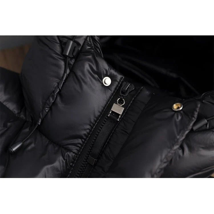 Coat Women - Long Black Puffer with Quilted Hood