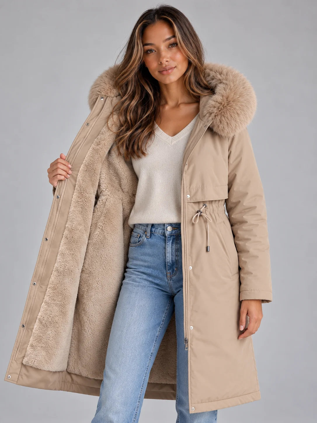 Coat Women - Long Hooded Parka Faux Fur Lined