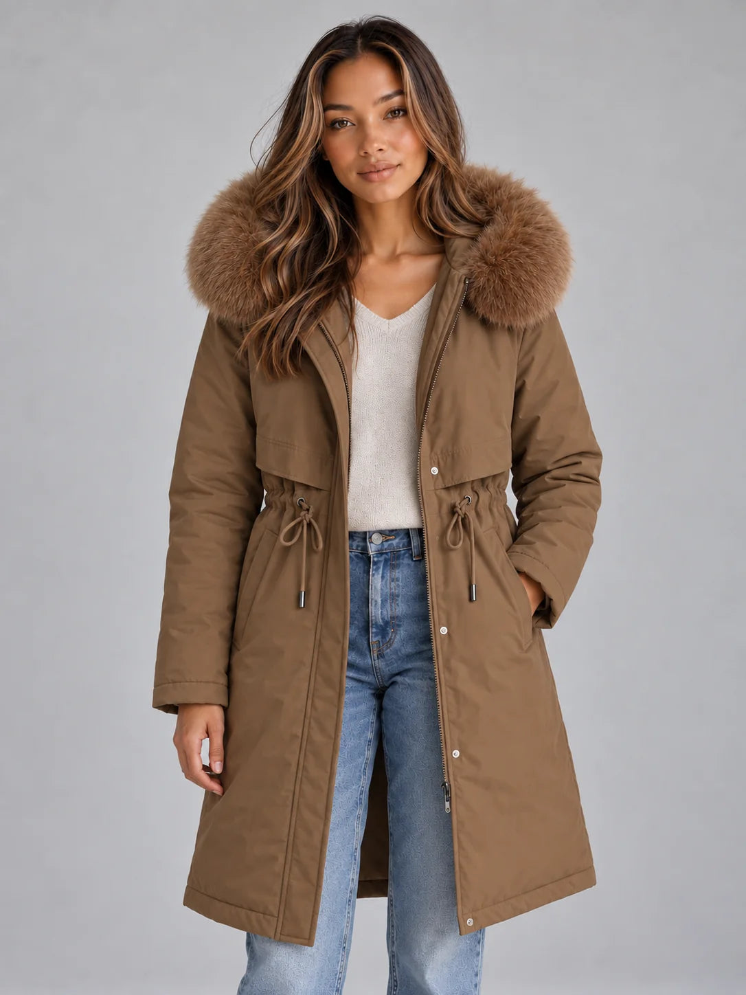 Coat Women - Long Hooded Parka Faux Fur Lined