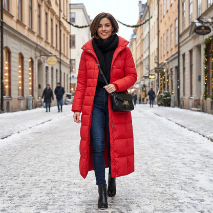 Coat Women - Long Quilted Puffer with Faux Fur Hood and Belt