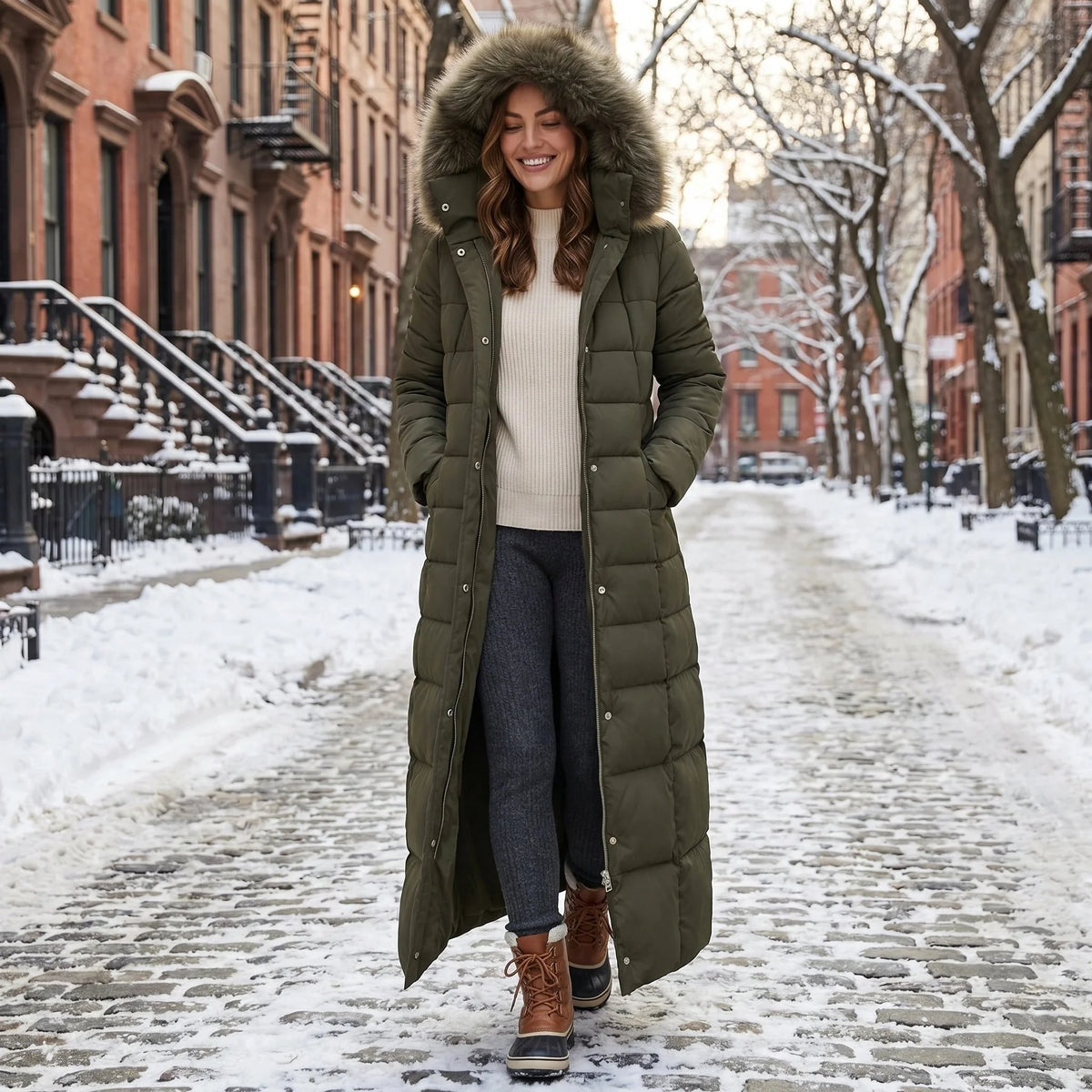 Coat Women - Long Quilted Puffer with Faux Fur Hood and Belt