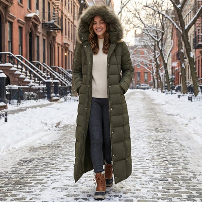 Coat Women - Long Quilted Puffer with Faux Fur Hood and Belt