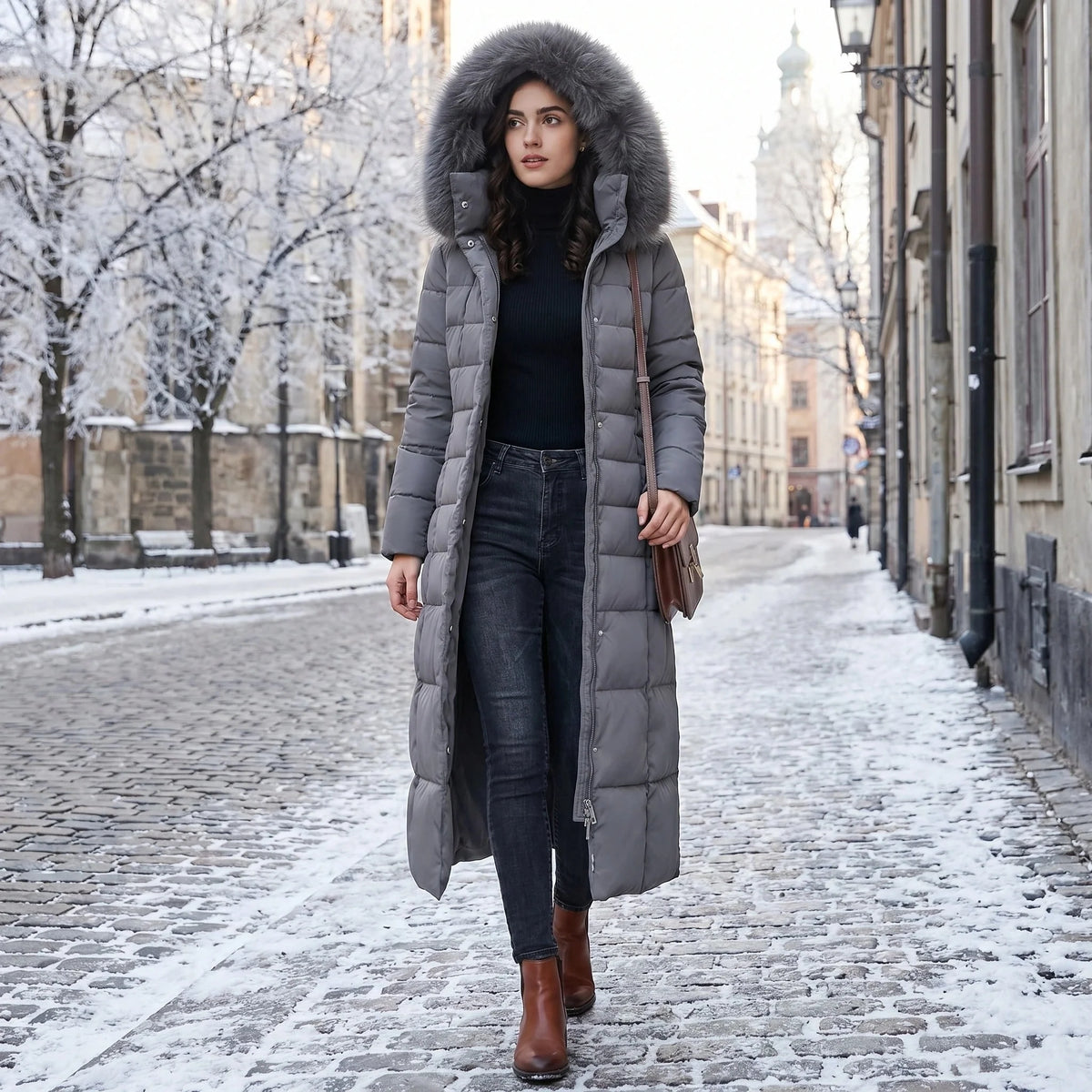 Coat Women - Long Quilted Puffer with Faux Fur Hood and Belt