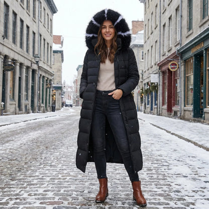 Coat Women - Long Quilted Puffer with Faux Fur Hood and Belt