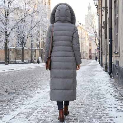 Coat Women - Long Quilted Puffer with Faux Fur Hood and Belt