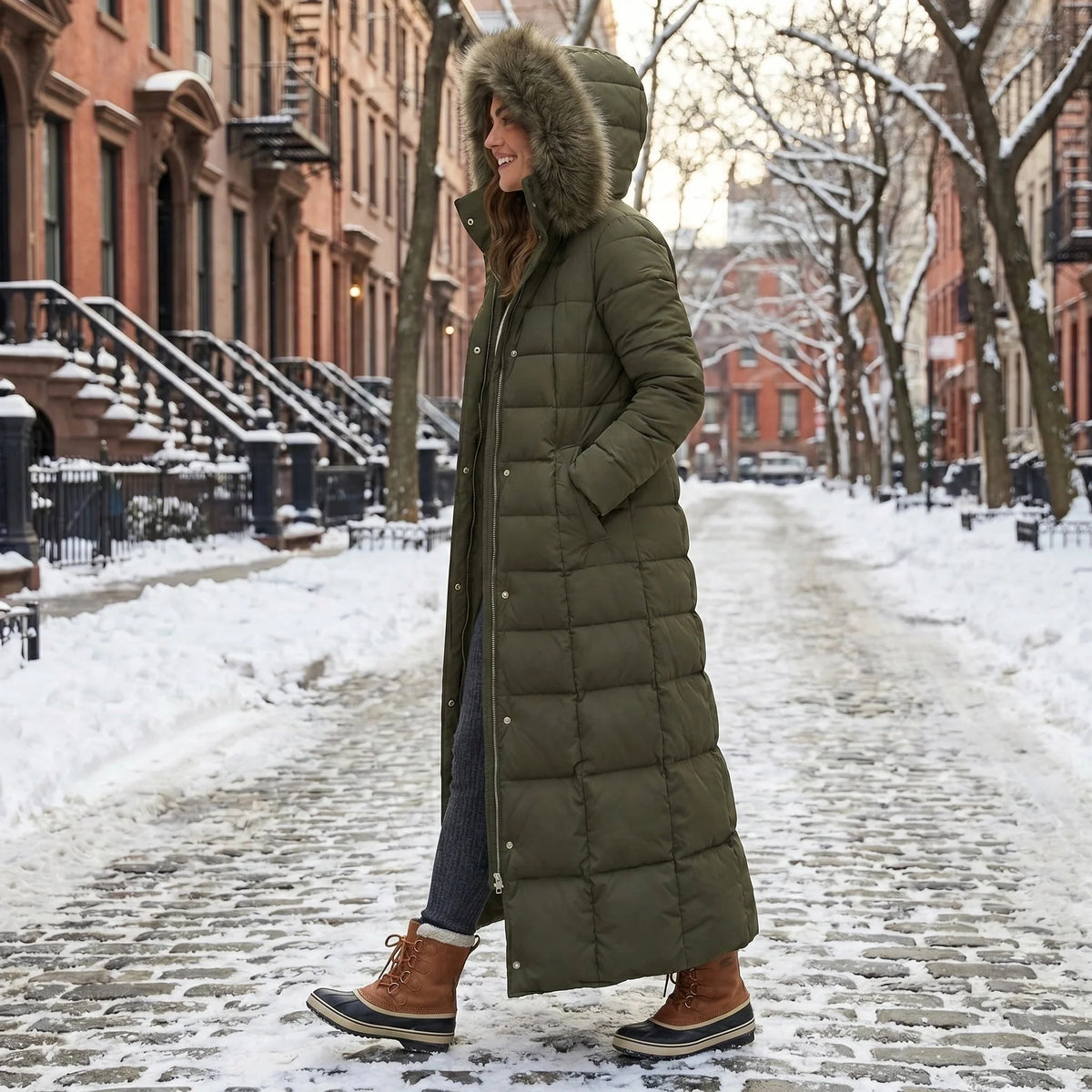 Coat Women - Long Quilted Puffer with Faux Fur Hood and Belt