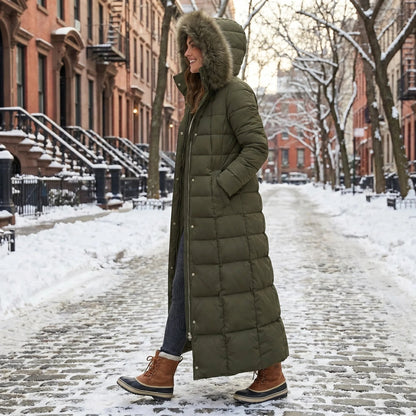 Coat Women - Long Quilted Puffer with Faux Fur Hood and Belt