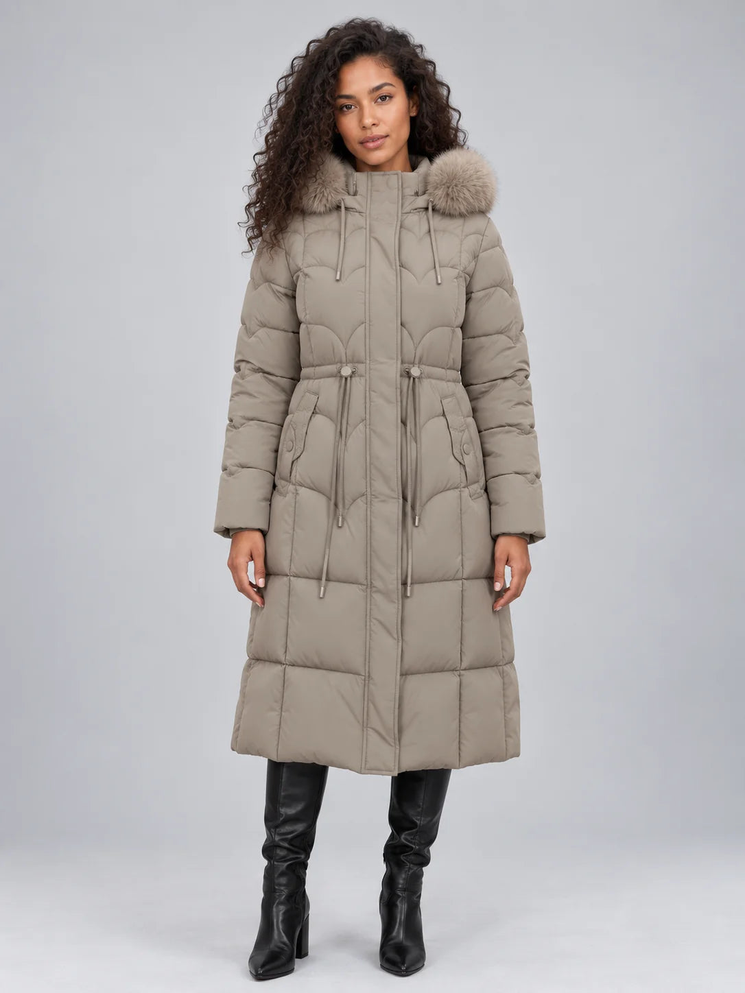 Coat Women - Longline Quilted Puffer with Detachable Fur Trim