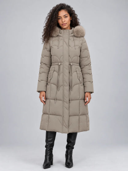 Coat Women - Longline Quilted Puffer with Detachable Fur Trim