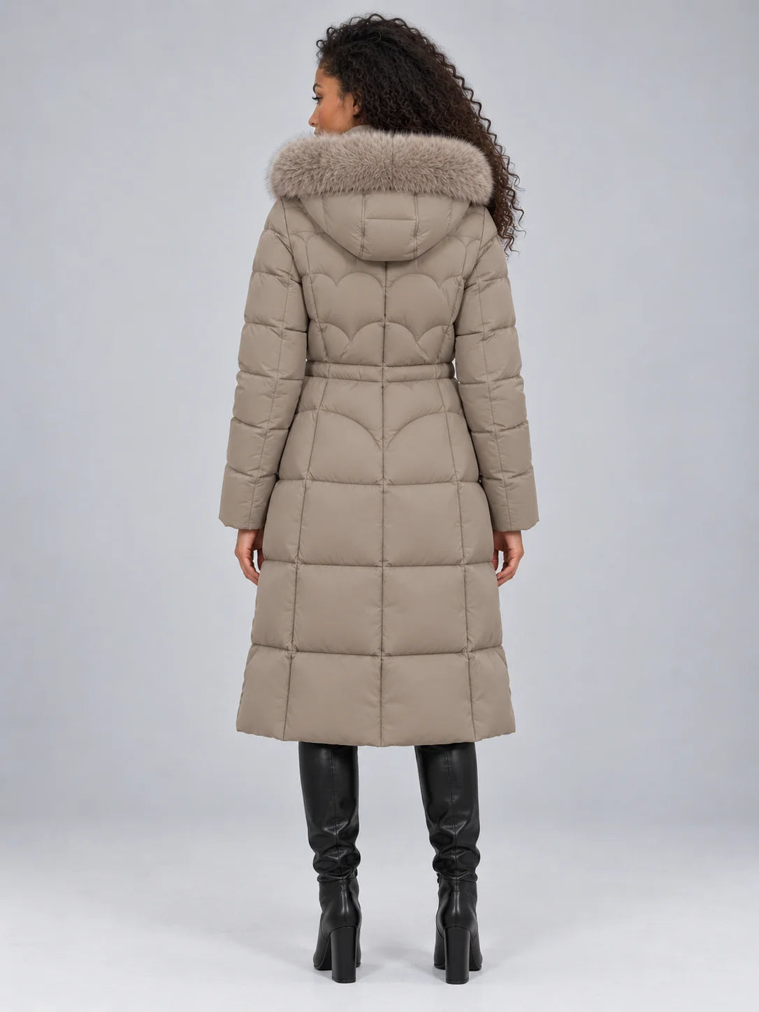 Coat Women - Longline Quilted Puffer with Detachable Fur Trim