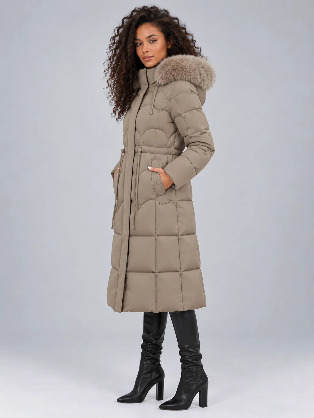 Coat Women - Longline Quilted Puffer with Detachable Fur Trim