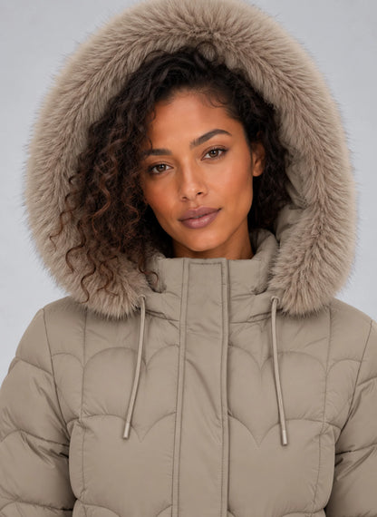 Coat Women - Longline Quilted Puffer with Detachable Fur Trim