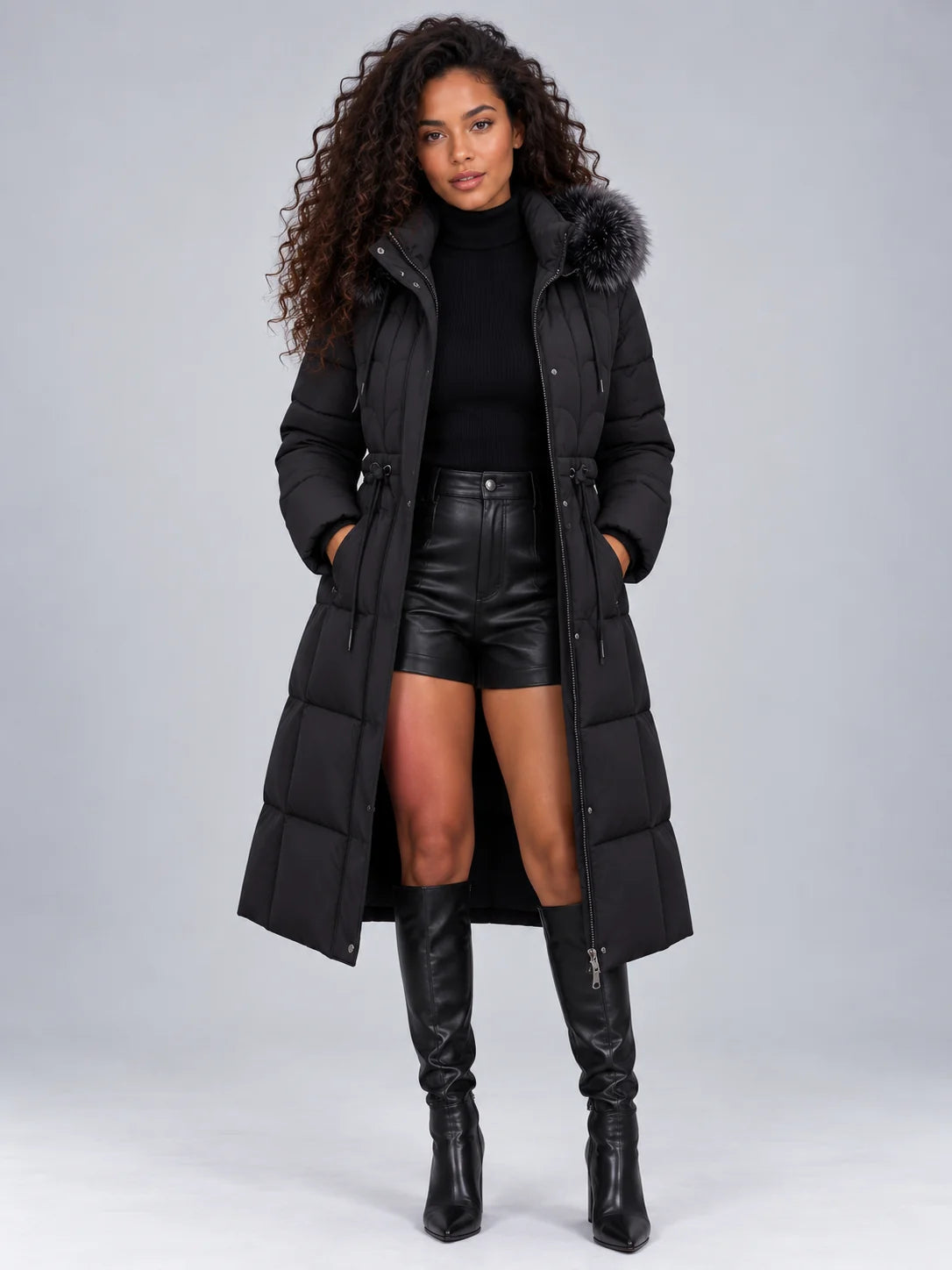 Coat Women - Longline Quilted Puffer with Detachable Fur Trim