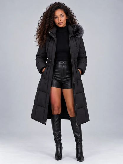 Coat Women - Longline Quilted Puffer with Detachable Fur Trim