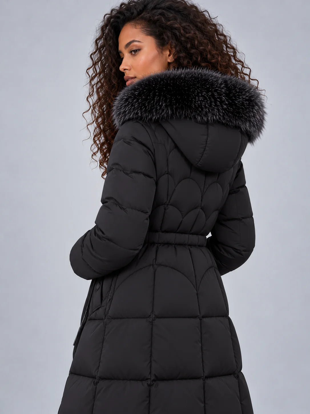 Coat Women - Longline Quilted Puffer with Detachable Fur Trim