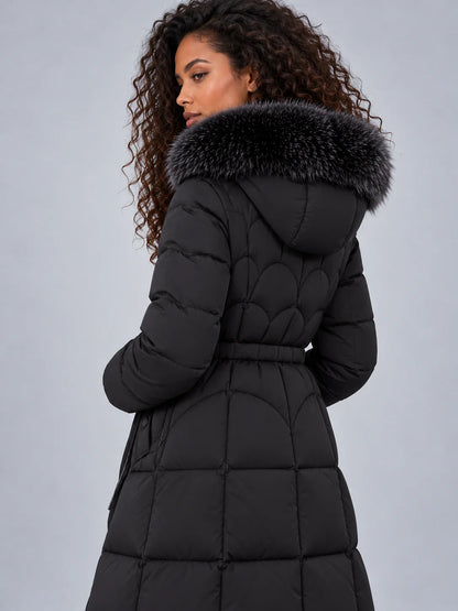 Coat Women - Longline Quilted Puffer with Detachable Fur Trim