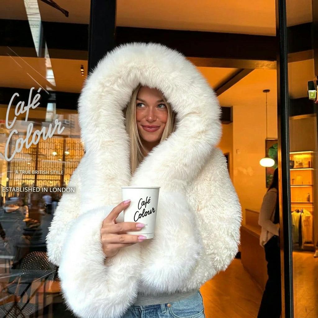 Coat Women - Oversized Faux Fur with Attached Hood